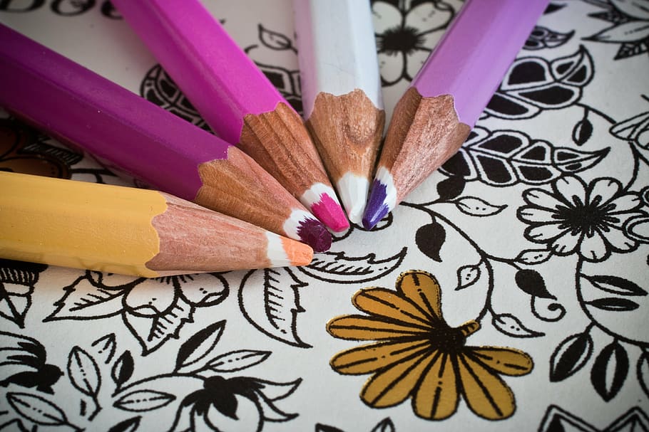 cinco lápices de colores variados, libro para colorear para adultos, lápices de colores, libro para colorear, creativo, antiestrés, color, bolígrafos, pintura, imagina