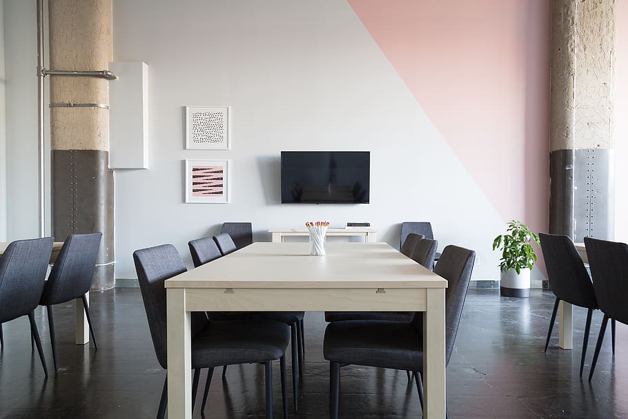 interior, diseño, mesas, sillas, blanco, pared, piso, reunión, sala, oficina