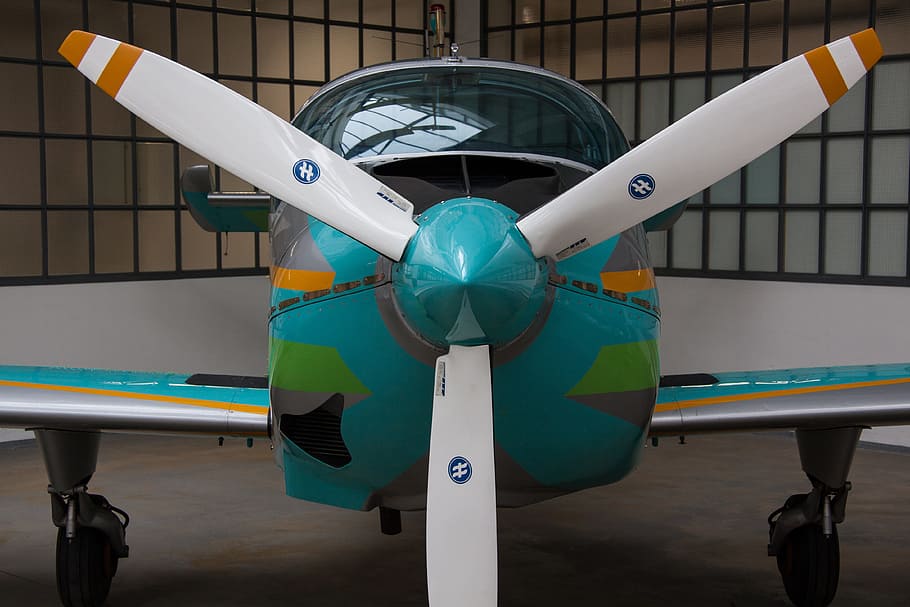 teal, white, gray, plane, propeller, parked, inside, room, Propeller, Aircraft, Aircraft, Propeller