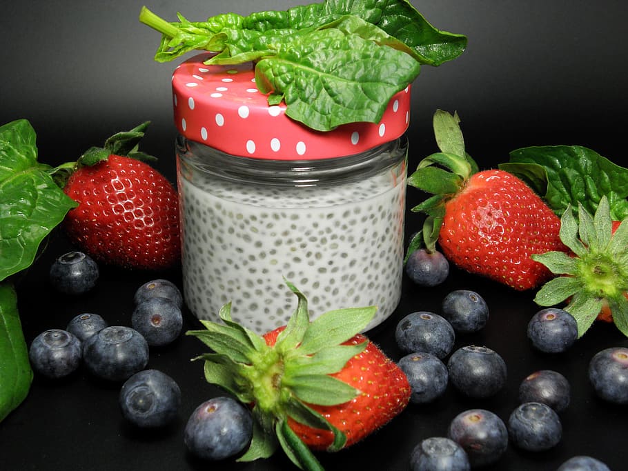 jar, berries, food, strawberry, chia, red, blueberries, spinach, soft fruit, close