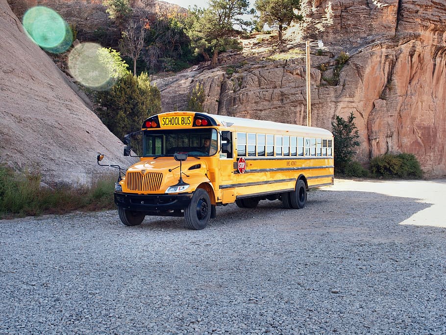yellow, bus, brown, rock formation, school bus, usa, america, transportation, mode of transportation, land vehicle