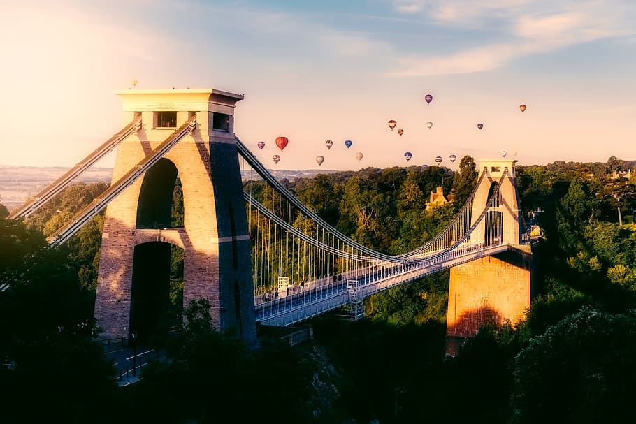 concrete, bridge, daytime, bristol, england, great britain, hot air, balloons, travel, flying