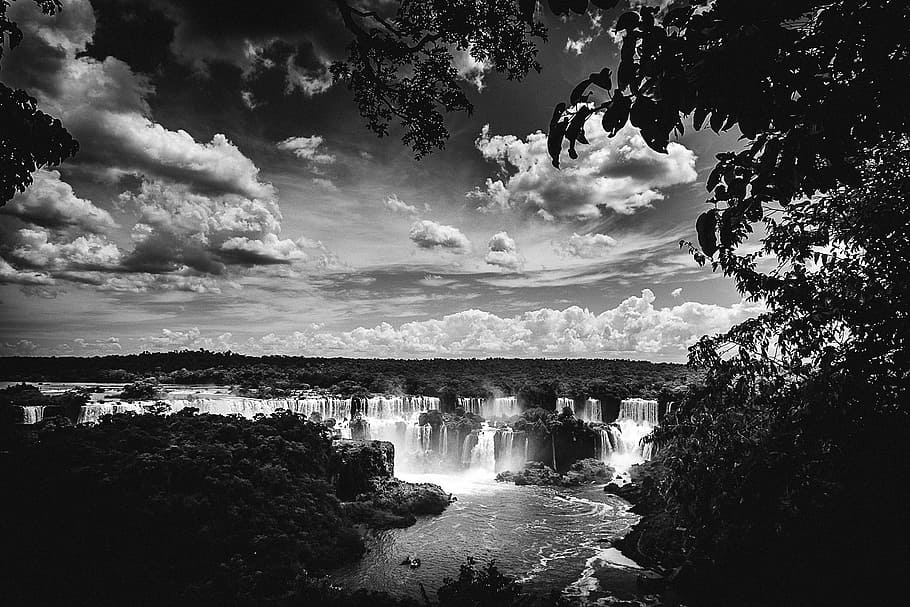 black, white, view, iguazu, falls, Black and White, Iguazu Falls, Brazil, brasil, monochrome