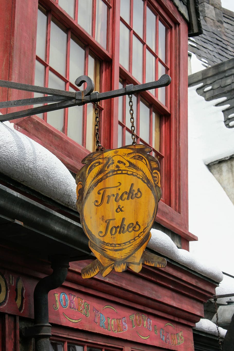 tricks, &, jokes signage, building, old, art, journey, design decoration, outdoors, any person not
