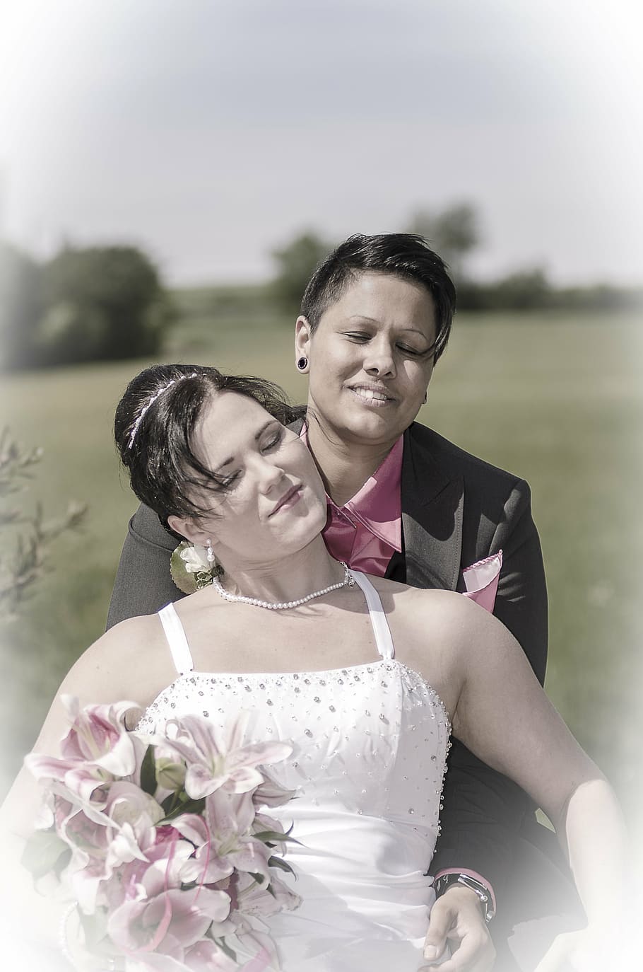bride and groom, marry, wedding, love, same-sex marriage, bride, women, outdoors, married, smiling