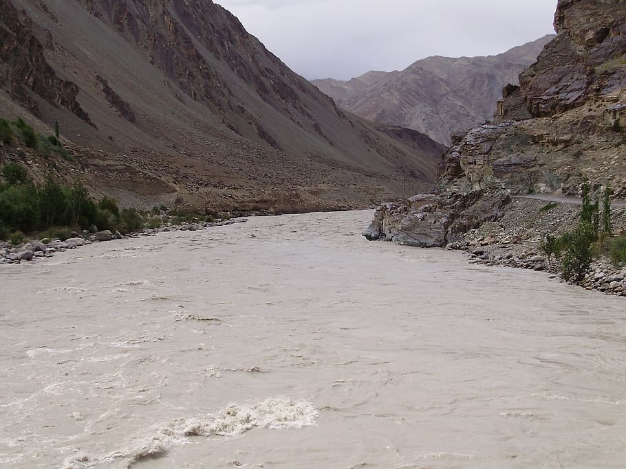 river, valley, ladakh, mountains, himalayas, scenic, travel, vacation, tourism, nature