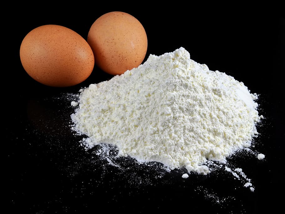 two, brown, eggs, white, powder, flour, cereals, food, nutrition, bread