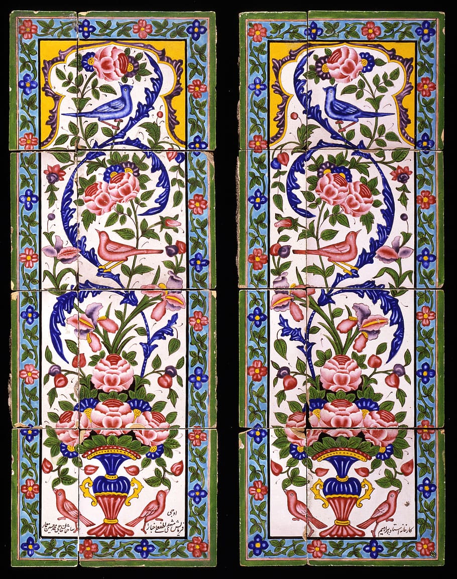 azulejos esmaltados, loza de barro, esmaltes policromados, esmalte blanco, dos paneles, Irán, colorido, cocido, antiguo, decoración
