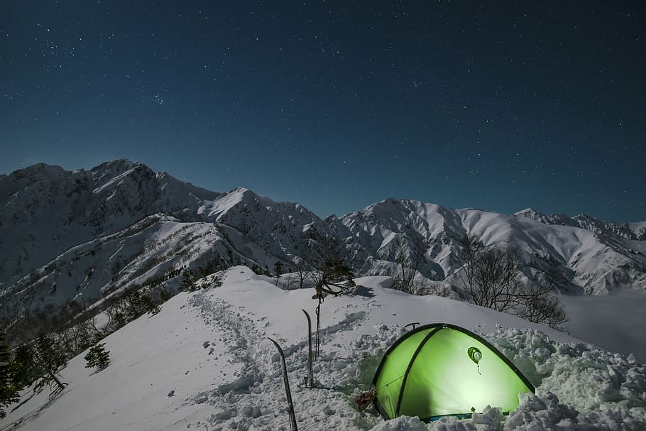 green, camping tent, top, snow mountain, night view, tent, mountain climbing, northern alps, japan, 3 months