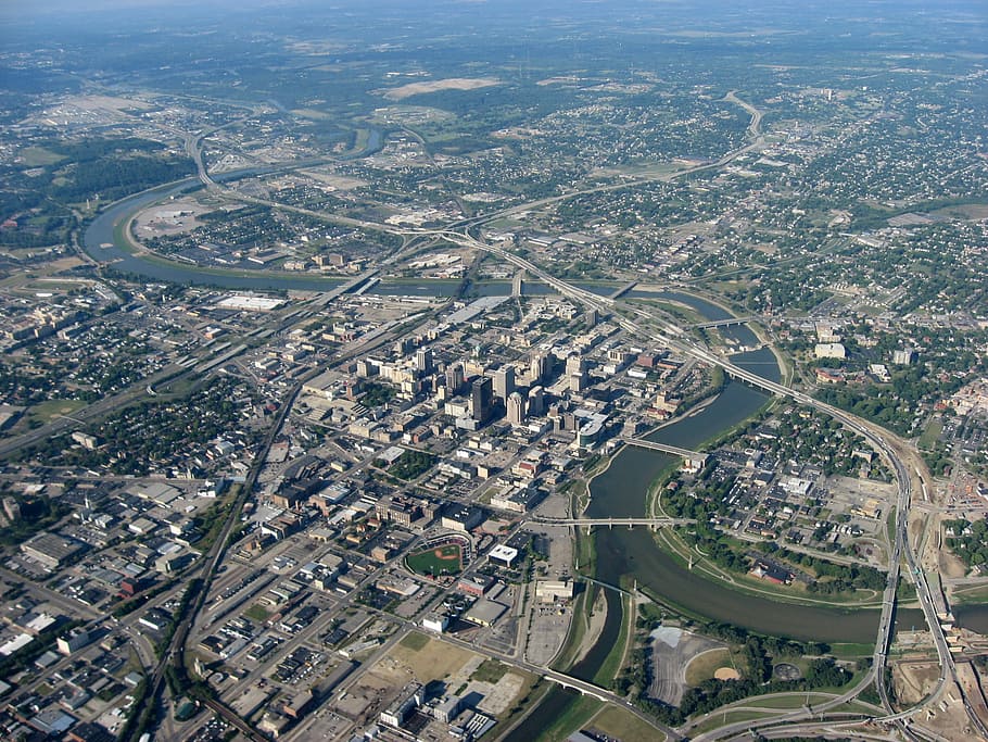 aerial, view, Aerial view, Downtown Dayton, Dayton, Ohio, pusat kota, foto, domain publik, Amerika Serikat
