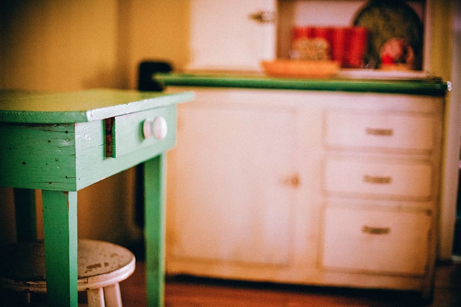 正方形, 緑, 白, 木製, サイドテーブル, テーブル, 家具, キッチンテーブル, 引き出し, キッチン