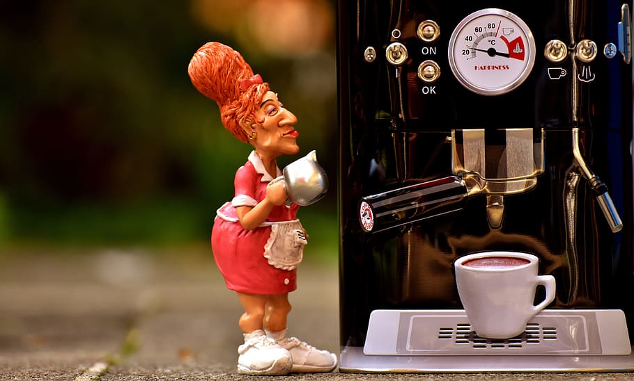 woman figurine, holding, pot, espresso maker, coffee, waitress, operation, tea, control, figure
