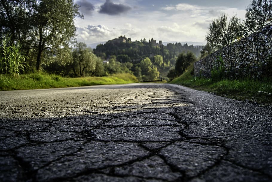 gris, carretera de asfalto, crack, carretera, toscana, italia, italiano, campo, paisaje, naturaleza
