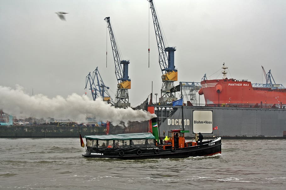rainy weather, harbour cruise, hamburg, tiger, historical barge, blohm and voss, dock, shipyard, tourist attraction, elbe