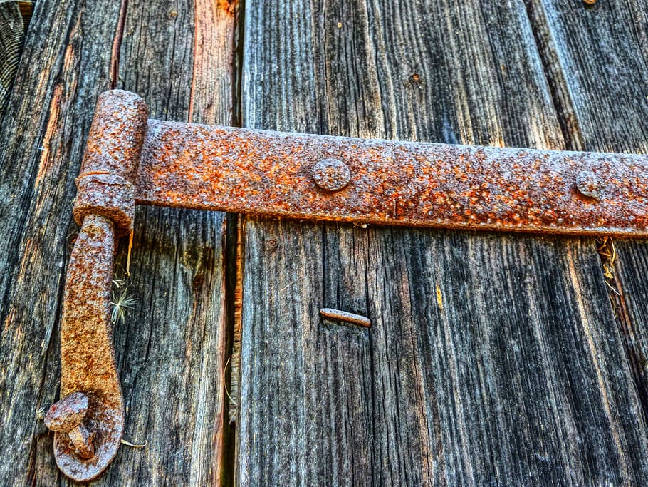 brown steel bracket, rusty, butt hinge, hinge, articulation, wood, door, metal, ancient, hdr