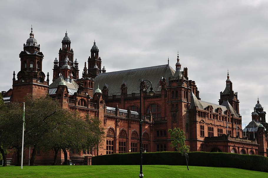 long-angle photography, brown, palace, nimbus clouds, kelvingrove, the museum, photo gallery, national gallery of art, monument, glasgow