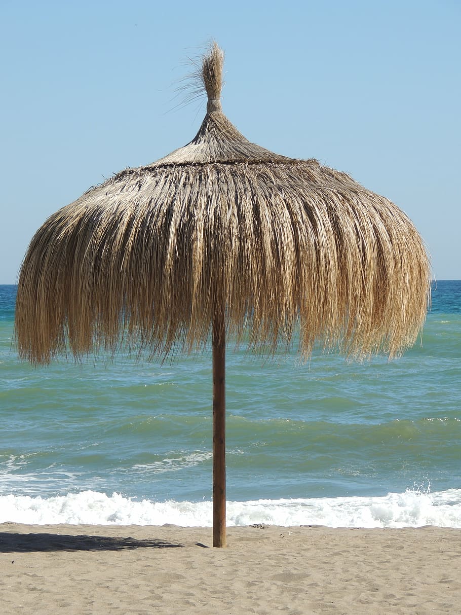 brown, umbrella hut, shore, daytime, beach umbrella, sea, nature, mediterranean, torremolinos, waves