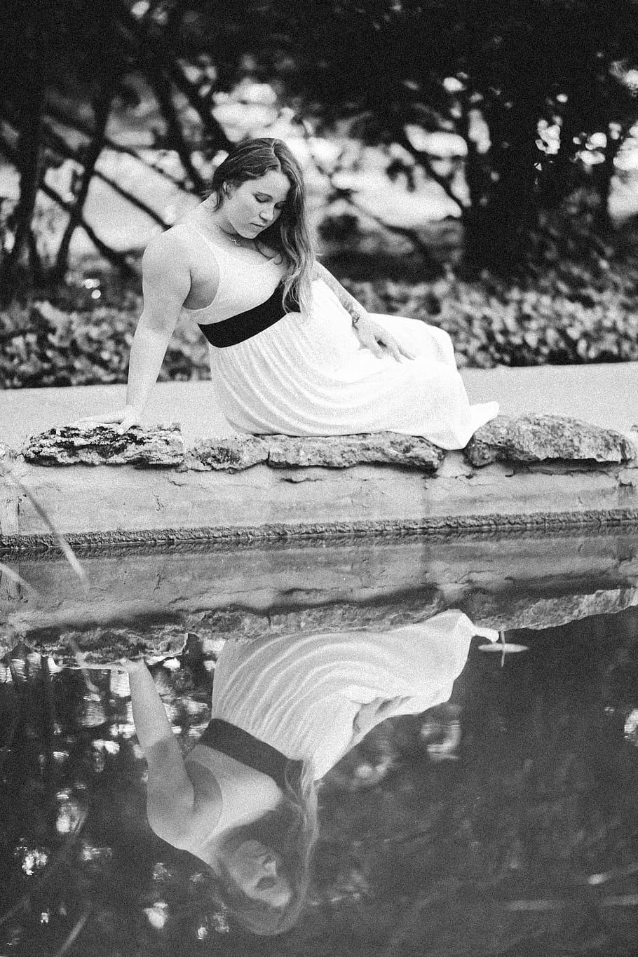 pregnant, reflection, pond, white, woman, young, pregnancy, mother, tummy, female