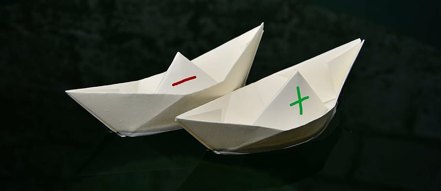 two, white, paper boats, body, water, paper boat, paper, folded, plus minus, swim