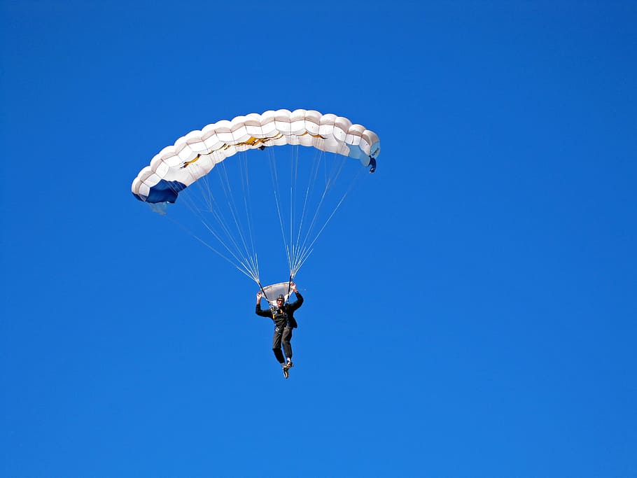 person, parachute, sky, Parachutist, Parachute, Jump, Canopy, jump, white, open, blue