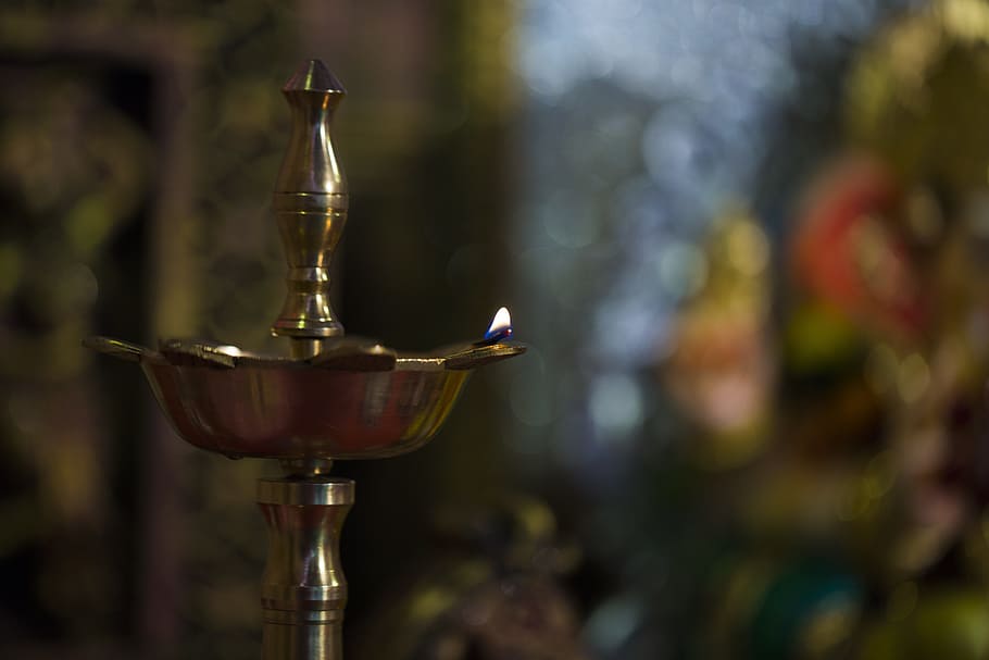 lamp, prayer, hindu, pooja, puja, focus on foreground, close-up, metal, household equipment, day