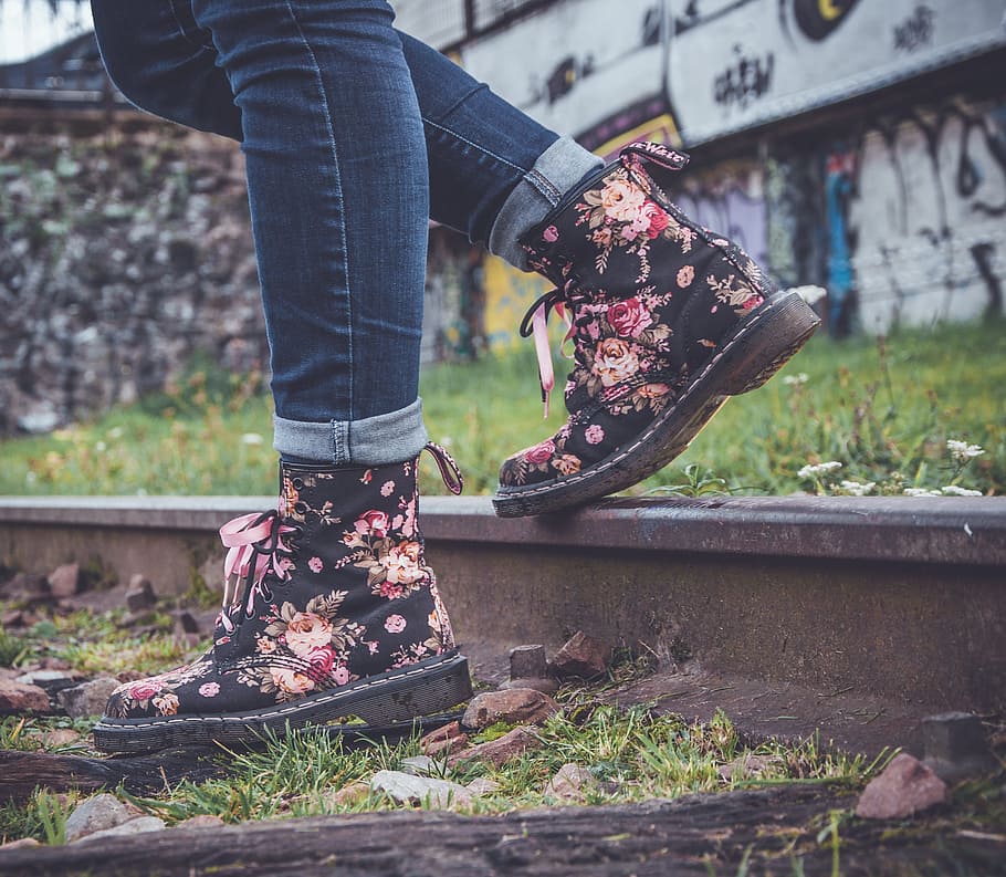 black-and-red, floral, dr., martens lace-up boots, rail, shoe, walking, female, rack, low section