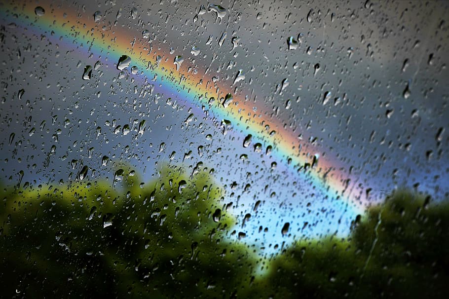 water, drops, glass panel, rainbow, rain, nature, weather, umbrella, colourful, wet