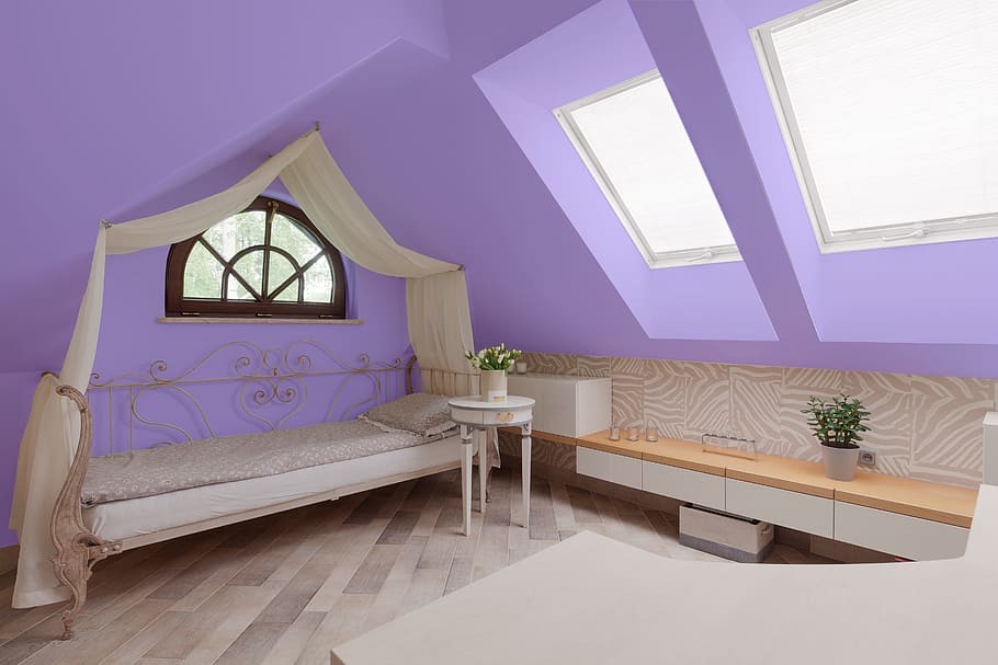 blanco, colchón, cama, púrpura, pared, violeta, habitación, interior, hogar, apartamento