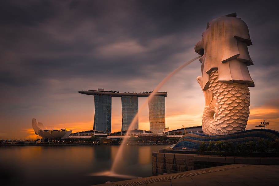singapore, asia, long exposure, landmark, city, travel, merlion, matahari terbenam, langit, struktur yang dibangun