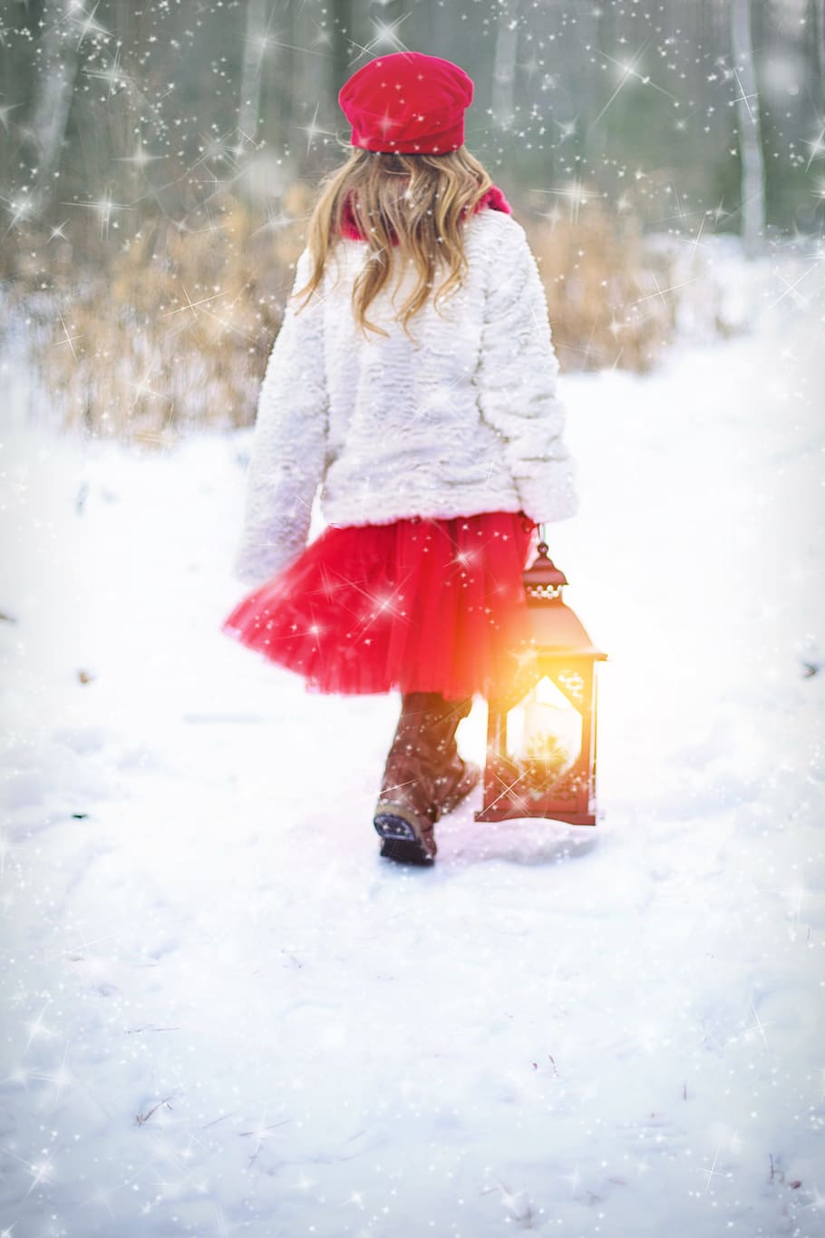 girl, wearing, white, sweater, red, tutu skirt, walking, snow, covered, ground