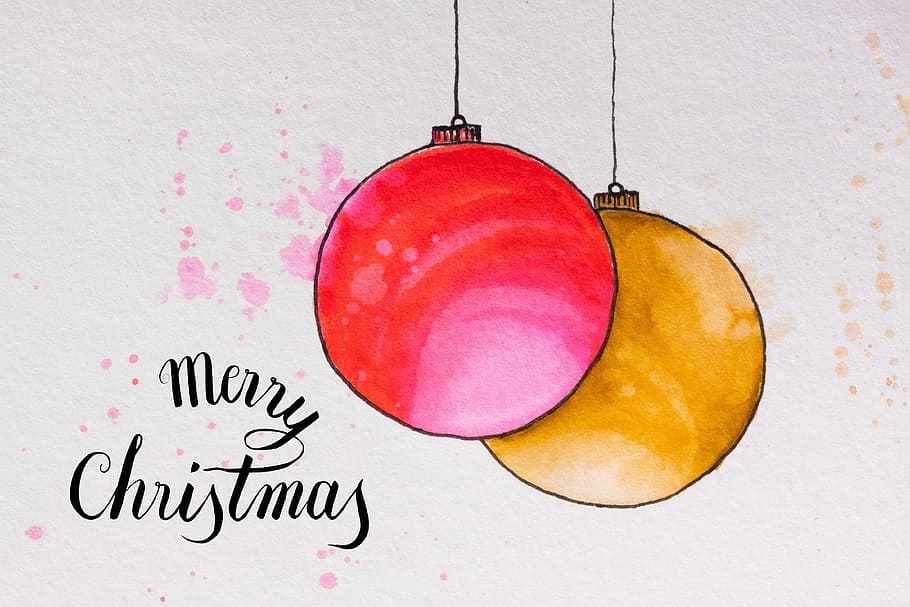 ilustração de feliz natal, feliz natal, adesivo, natal, mapa, bola, enfeite de natal, vermelho, ouro, aquarela