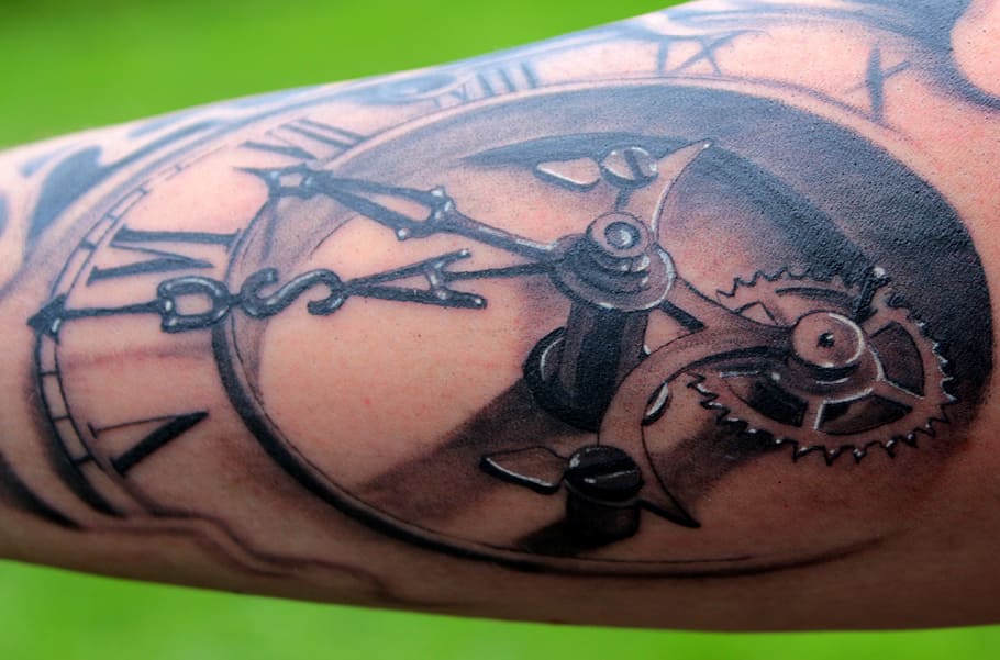 close-up photography, human, arm, mechanical, clock tattoo, Tattoo, Forearm, Drawing, Symbol, Ink