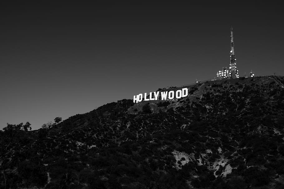 grey, scale photography, hollywood, black and white, font, signage, highland, mountain, tower, structure