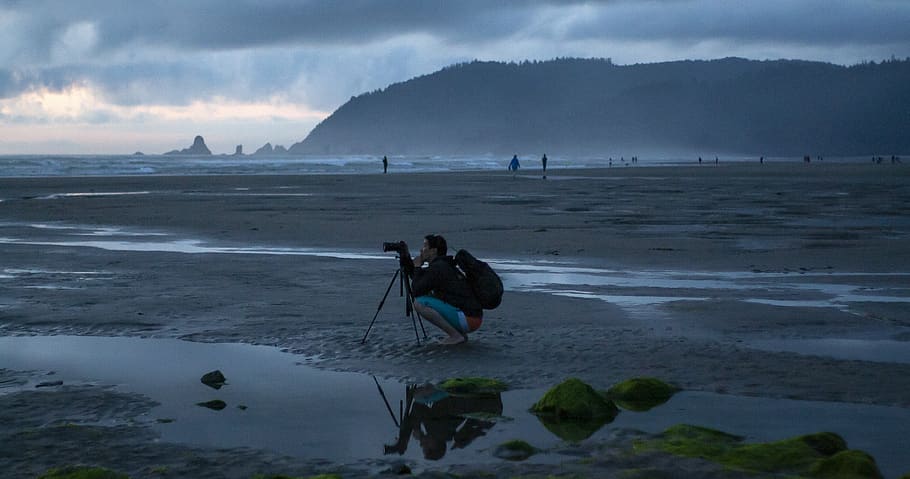 praia, fotógrafo, oceano, manhã, névoa, nuvens, clima, natureza, ao ar livre, câmera