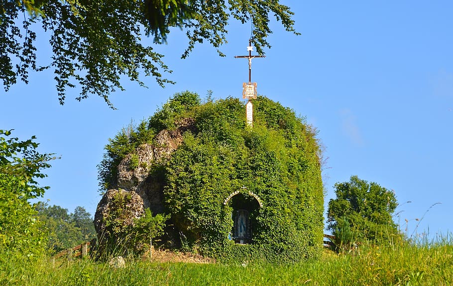 crucifix, top, grotto, covered, green, leafed, plants, tomb, monument, dome