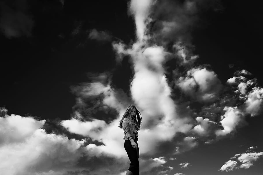 grayscale photography, woman, clouds, background, grayscale, photography, against sky, girl, bw, portrait