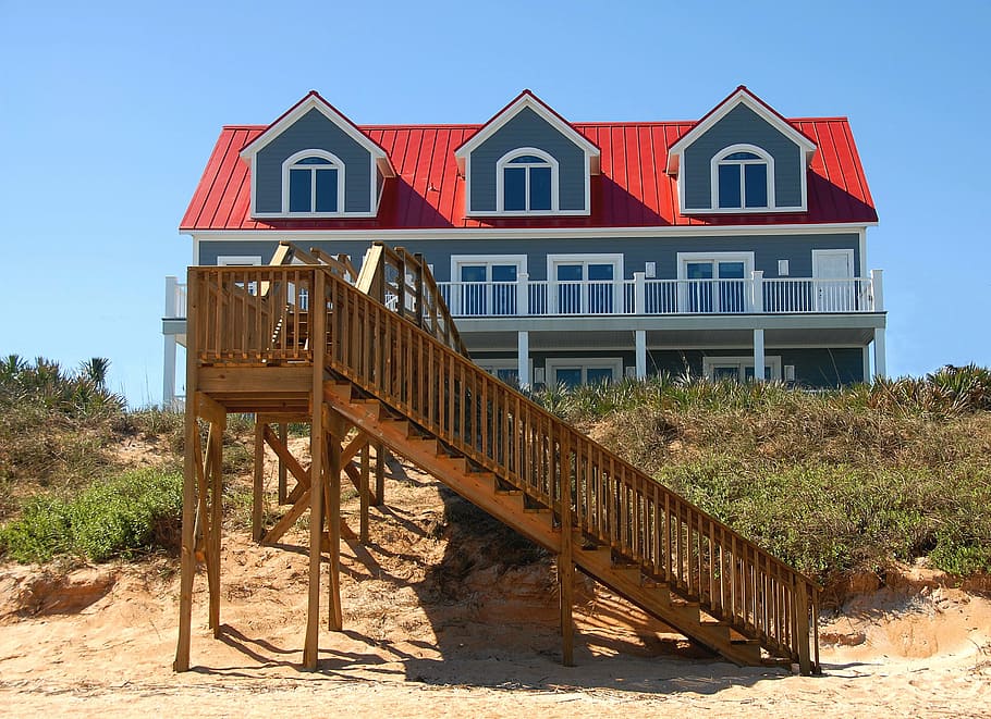 marrom, de madeira, escada, frente, azul, casa, frente à praia, propriedade, novo, construção