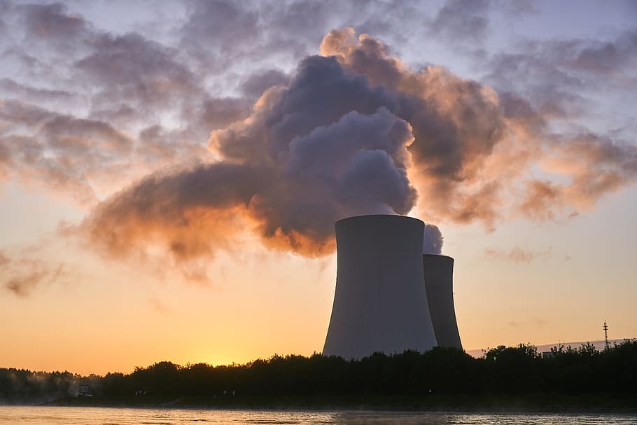 pembangkit listrik tenaga nuklir, menara pendingin, matahari terbit, suasana hati, Rhein, sungai, air surut, tenaga nuklir, energi atom, merokok