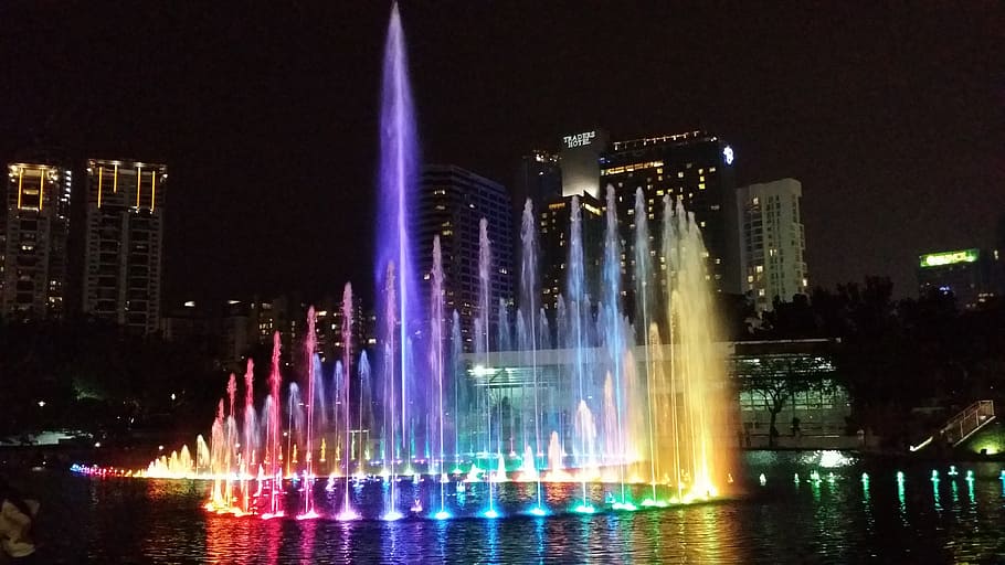 water fountain, nighttime, kuala lumpur, malaysia, lights, fountain, darkness, klcc fountain, night, water