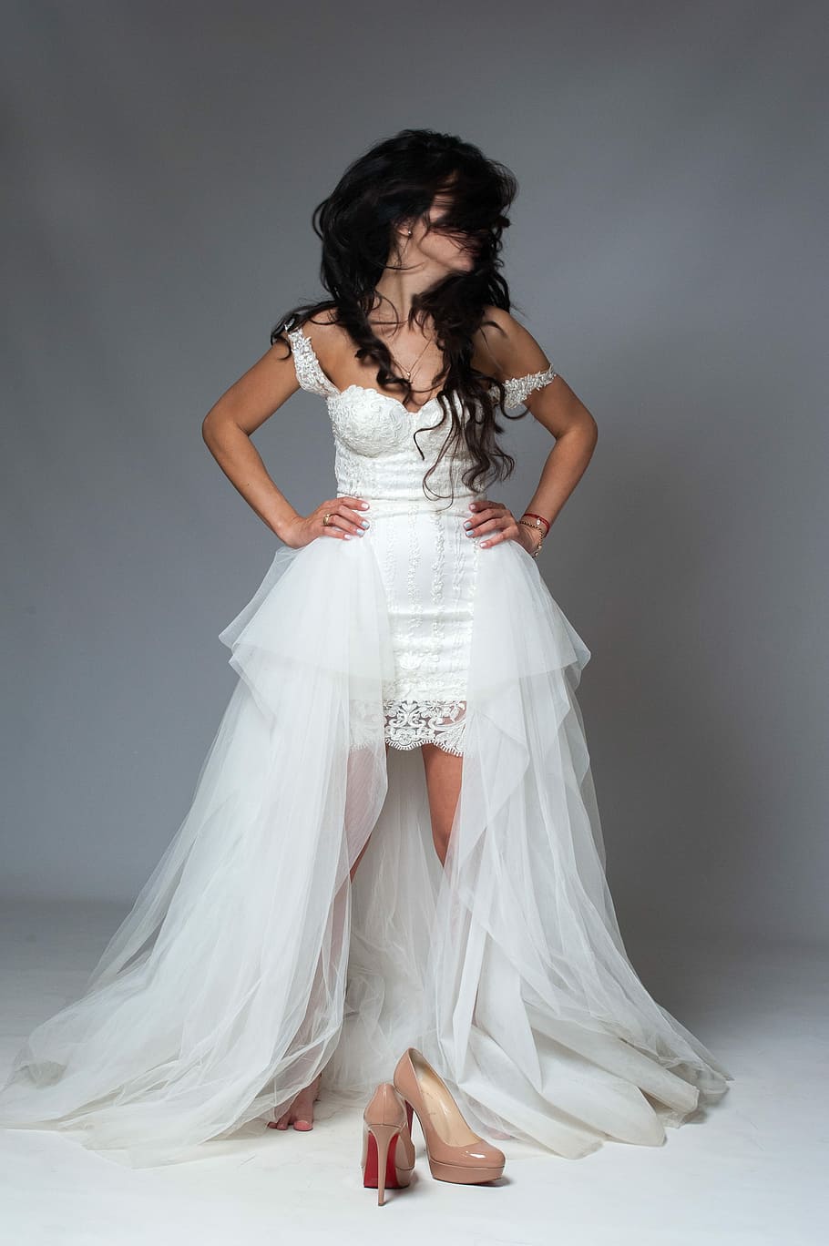woman, wearing, white, off-shoulder wedding dress, fashion, dress, elegant, charm, model, bride