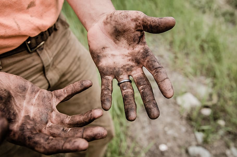 people, male, dirty, hand, palm, outdoor, human hand, occupation, human body part, men