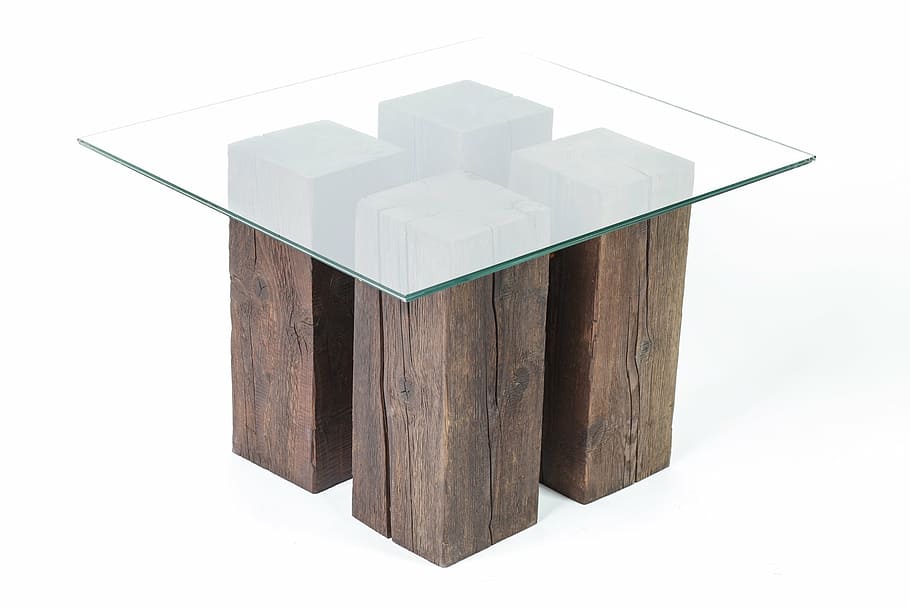 square, clear, glass table, brown, base, table, glass, timber, wood, wooden