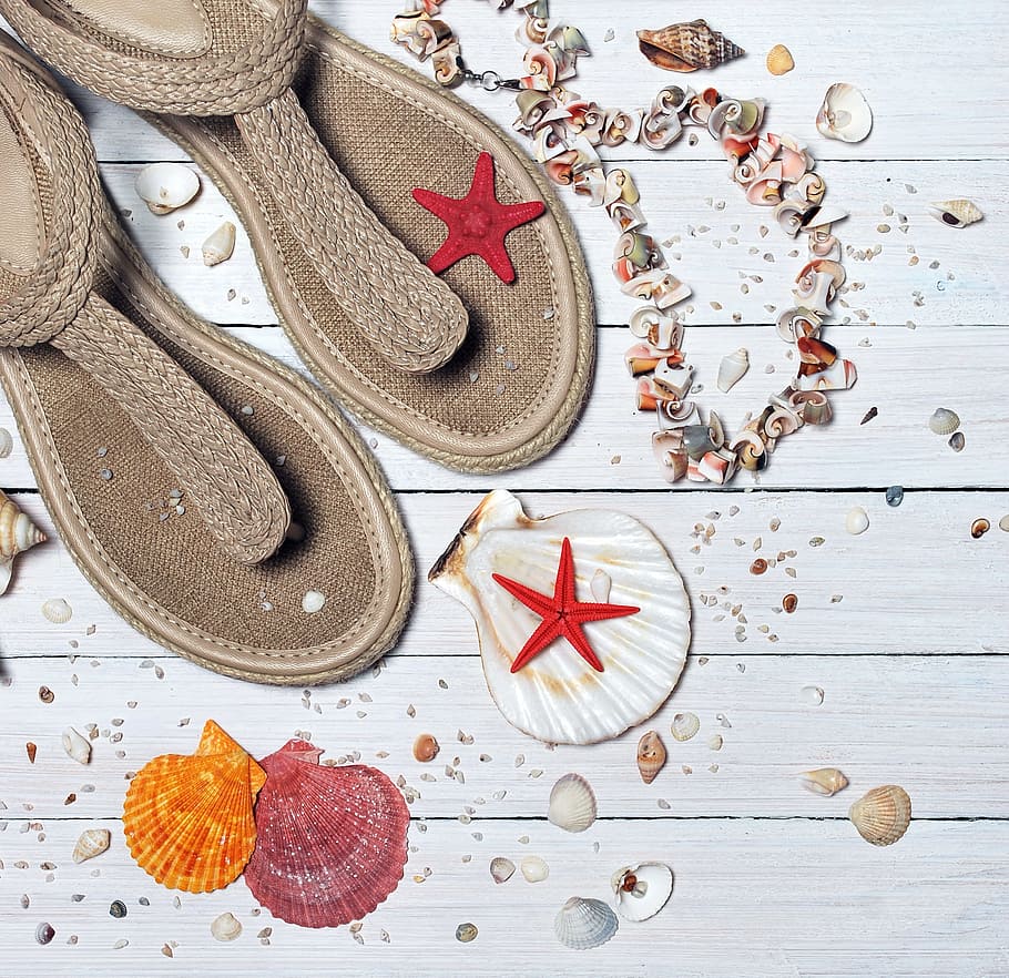 pair, brown, knitted, sandals, assorted-color-and-shape seashells, seashells, sea, vacation, sand, beach