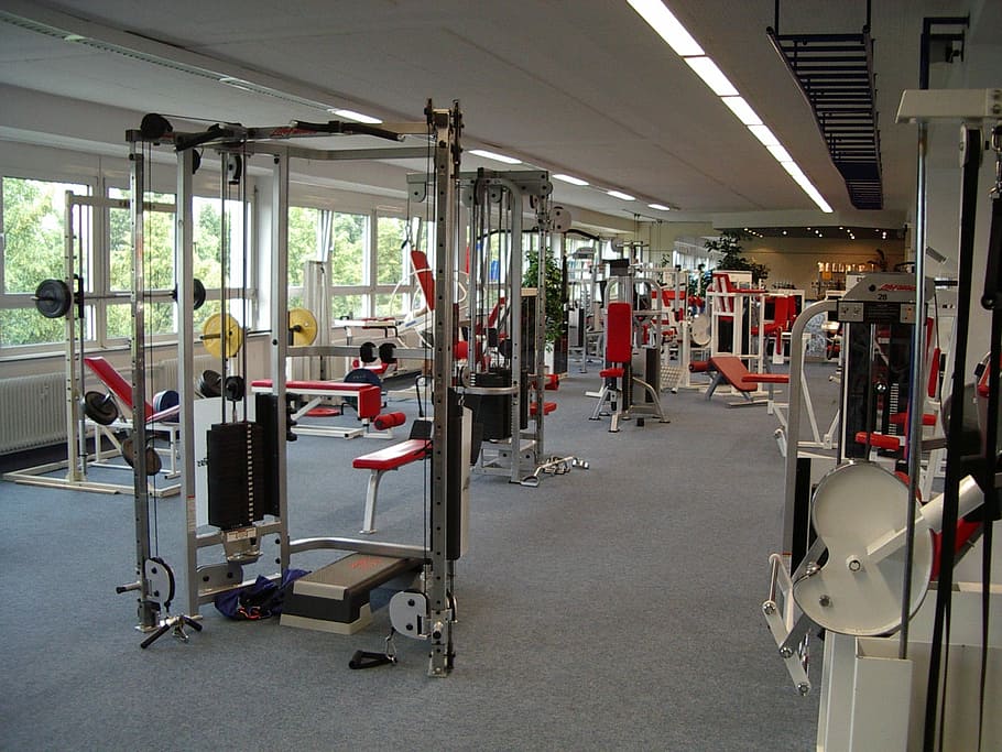 máquina de exercício, interior, ginásio, aptidão, estúdio, treinamento, quarto, sala de fitness, exercício, halteres