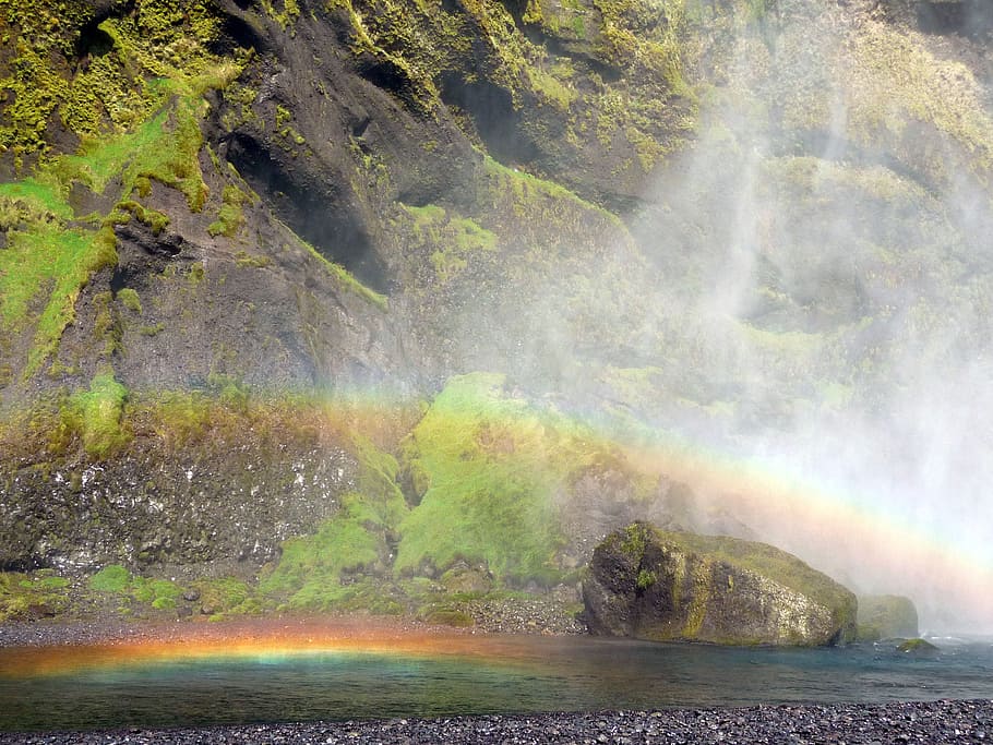 rainbow, waterfall, skogafoss, iceland, nature, landscape, outdoors, water, beauty in nature, scenics - nature