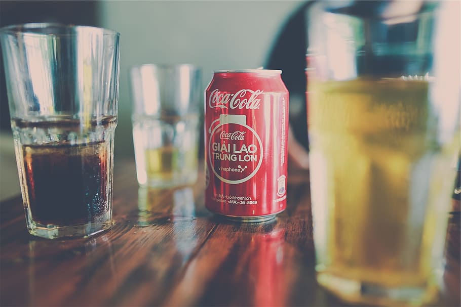 coca-cola, clear, glass, coke, coca cola, soda, soft drink, beverage, can, table