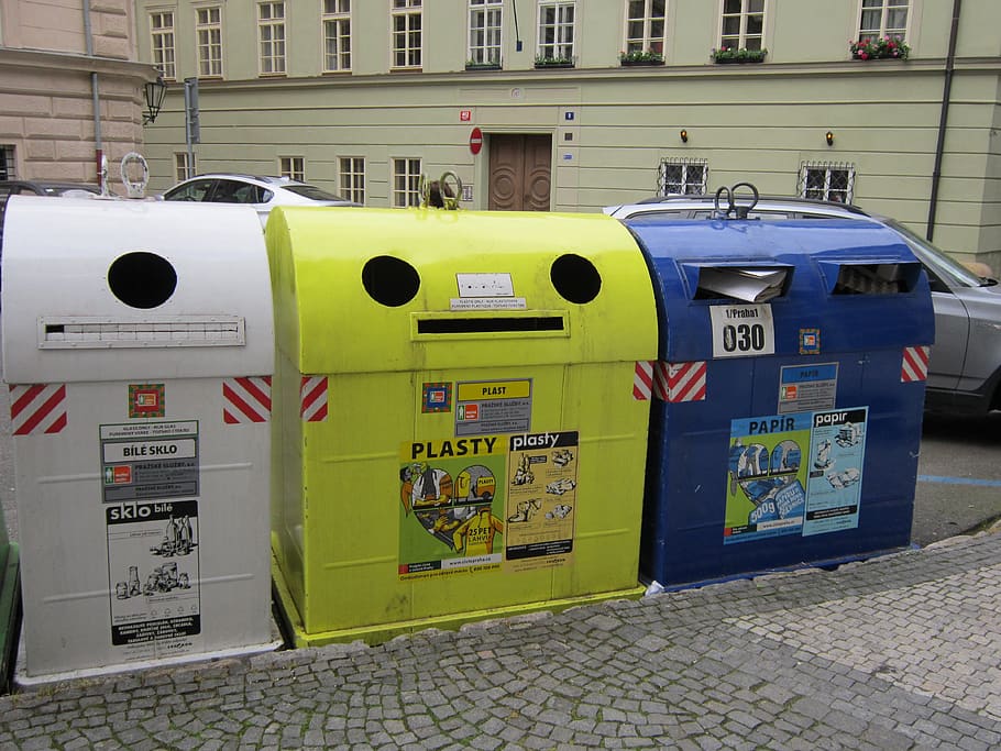 trash, can, sorting, garbage, street, container, communication, city, architecture, text