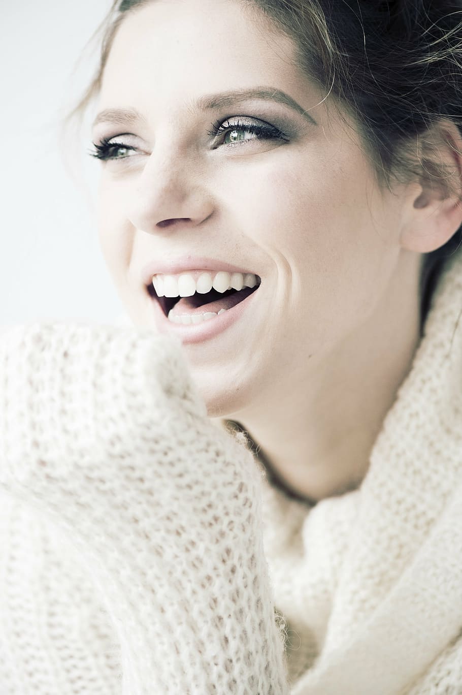 woman, wearing, white, sweater, beauty, smile, happy, young, portrait, female