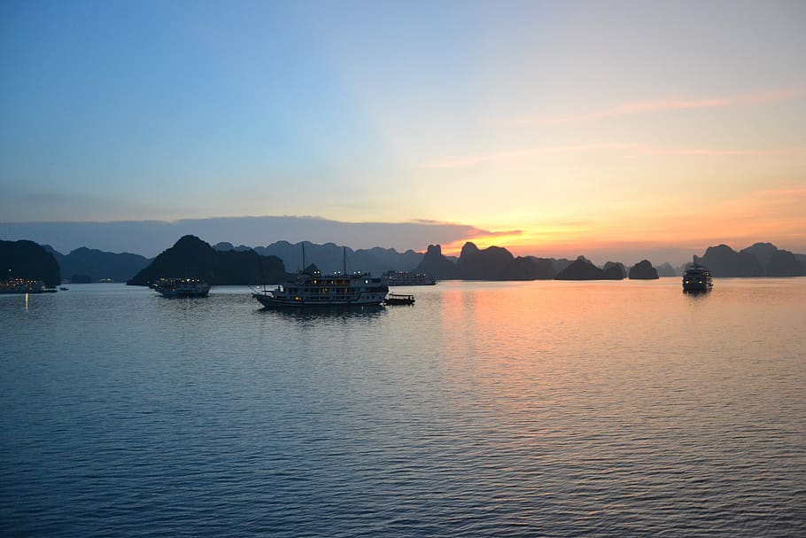 vietnam, ha long bay, puesta de sol, asia, mar, luz, agua, cielo, frente al mar, pintorescos - naturaleza