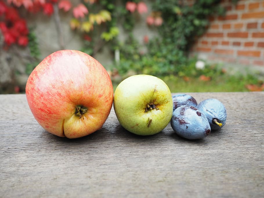 Manzana, pera, ciruelas, frutas, naturaleza muerta, deliciosa, saludable, vitaminas, amarillo, manzana roja